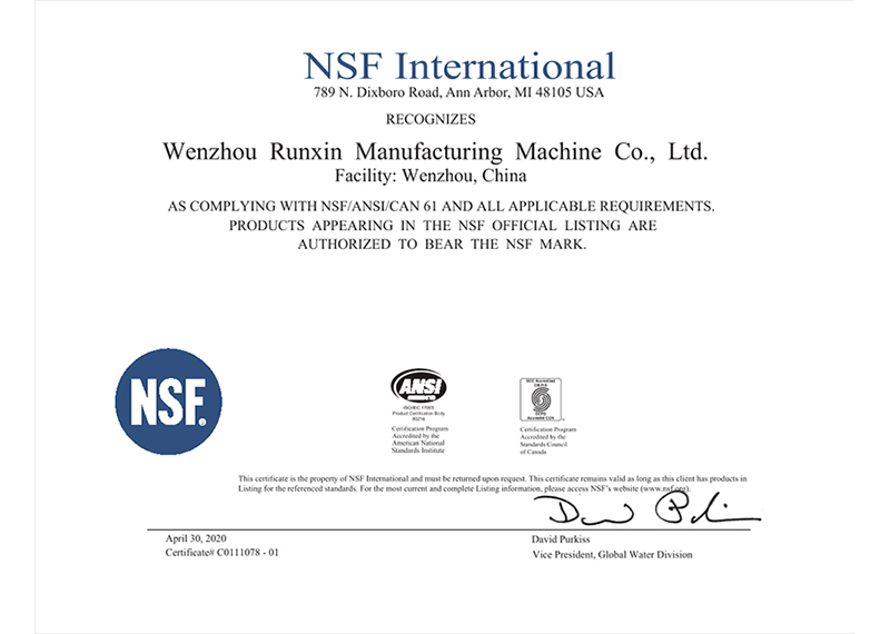 US ANSI/CAN 61 Certificate